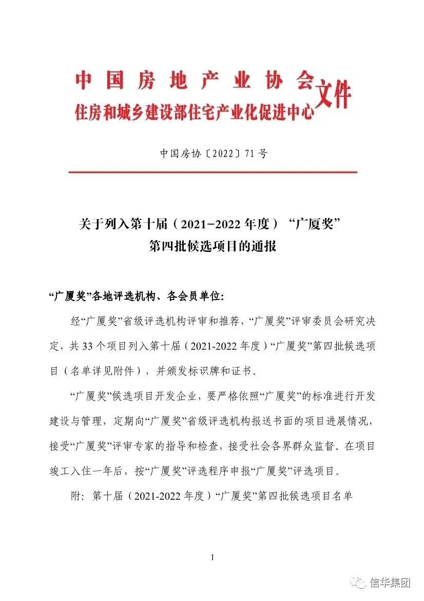 信華城·琭園項目成功入選第十屆“廣廈獎”第四批候選項目